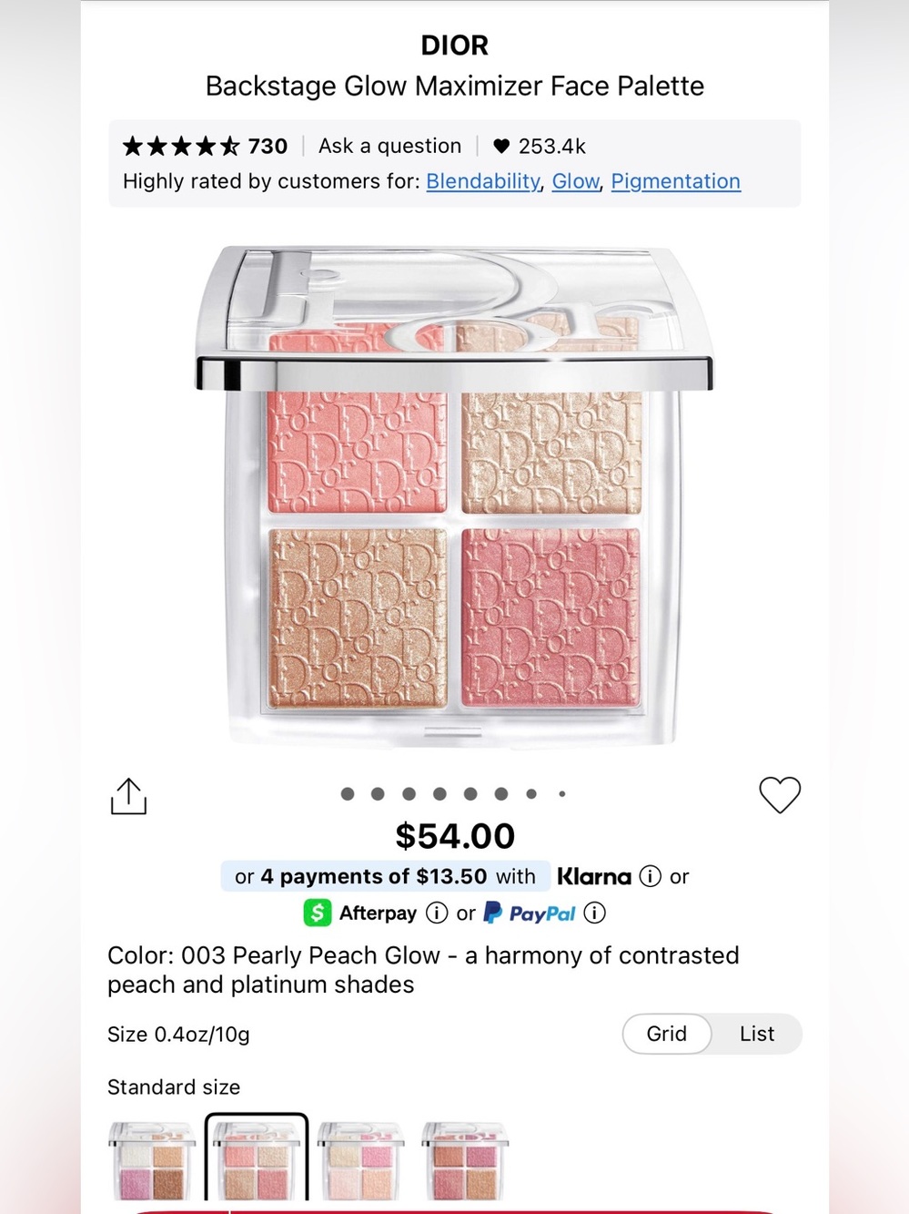 NIB Dior “Backstage Glow Maximizer Palette” 003 Pearly Peach Glow